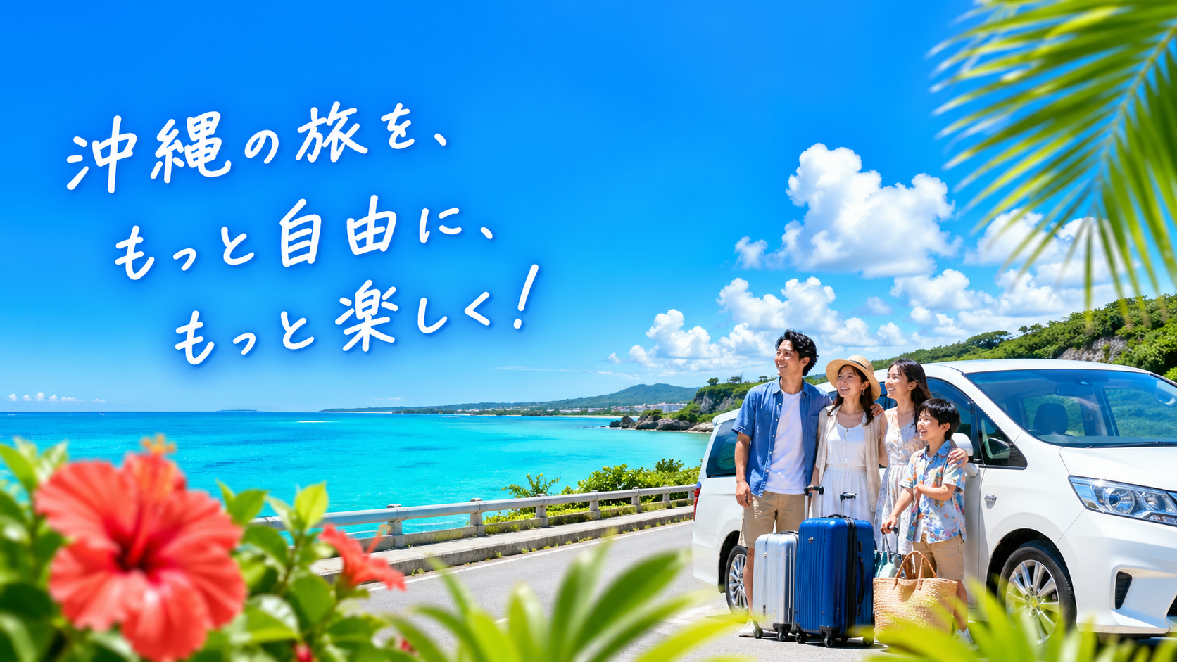 沖縄の海沿いでレンタカー旅行を楽しむ家族。沖縄の旅を、もっと自由に、もっと楽しく。